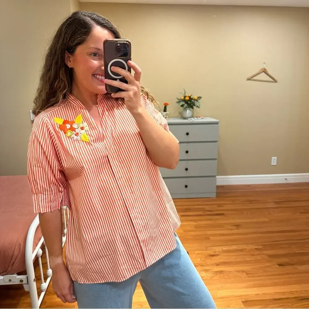 NWT Tuckernuck Le Sarte Pettegole Orange Striped Floral Top Medium - Picture 3 of 12